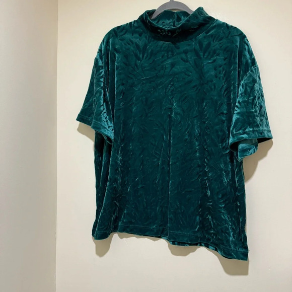 Women’s Plus Vintage Green Leaf Print Velvet Floral Hugh Neck Short Sleeve Top - Picture 2 of 11